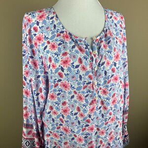 Talbots Long Sleeve Tunic Top Blouse Size L Blue Pink White, Floral Print